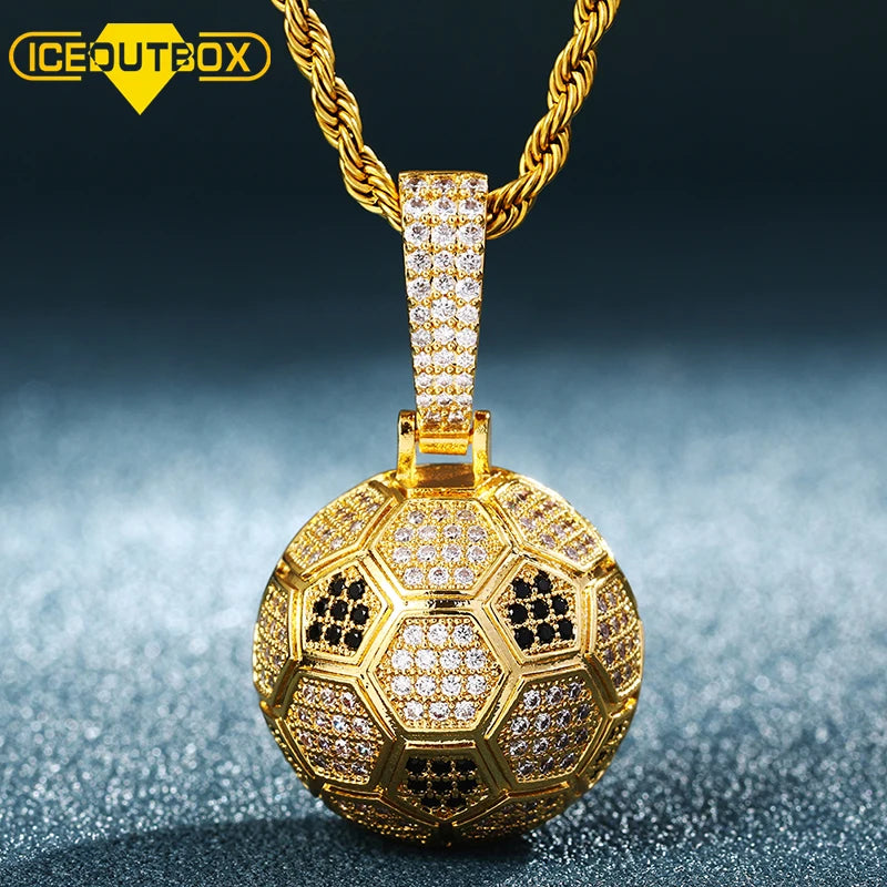 Football Pendant Necklace Ice Out CZ Hip Hop Jewelry