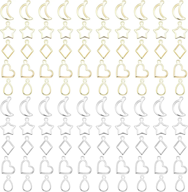 Stainless Steel Resin Craft Bezels 100pcs Hollow Frame Pendants 10 Styles