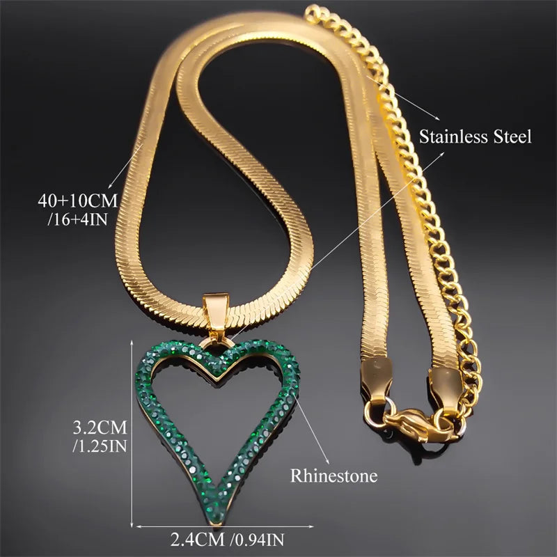 Vintage Green Crystal Heart Pendant Necklace Stainless Steel Chain Jewelry