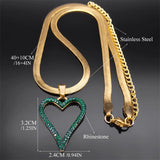 Vintage Green Crystal Heart Pendant Necklace Stainless Steel Chain Jewelry