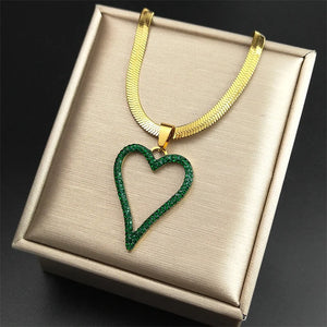 Vintage Green Crystal Heart Pendant Necklace Stainless Steel Chain Jewelry