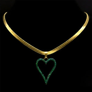 Vintage Green Crystal Heart Pendant Necklace Stainless Steel Chain Jewelry