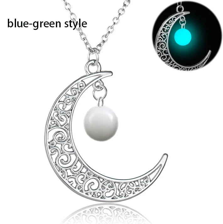 Glow In The Dark Half Moon Necklace Nature Stones Pendant
