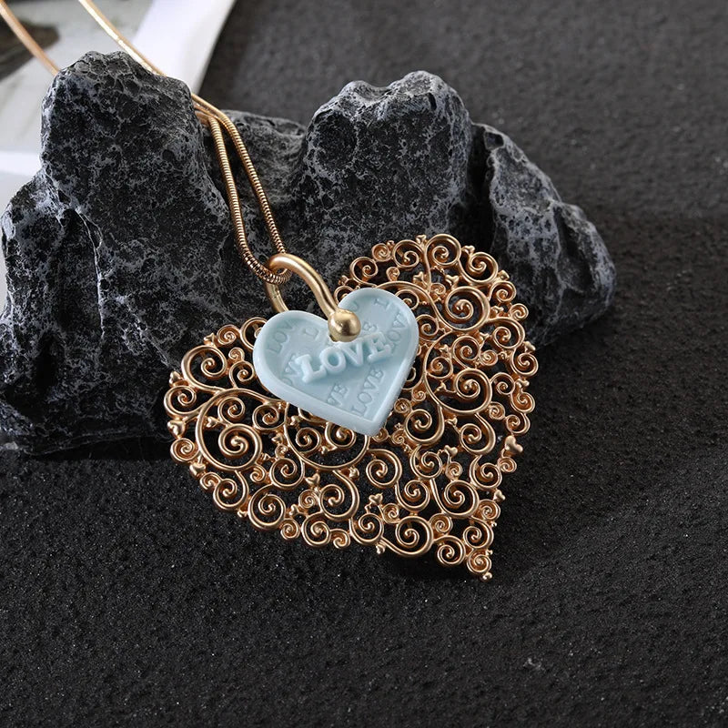 Hollow Heart Long Neck Pendant Suspension Necklace