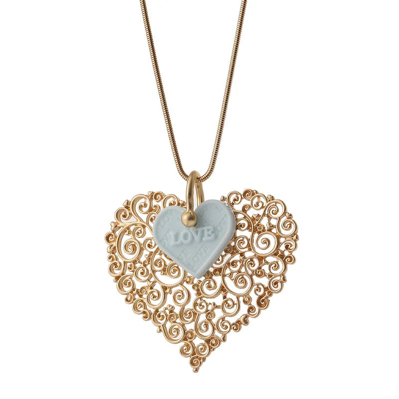 Hollow Heart Long Neck Pendant Suspension Necklace