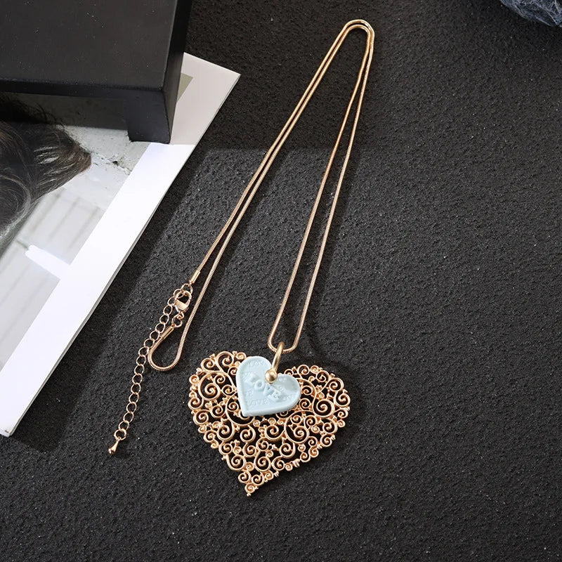Hollow Heart Long Neck Pendant Suspension Necklace