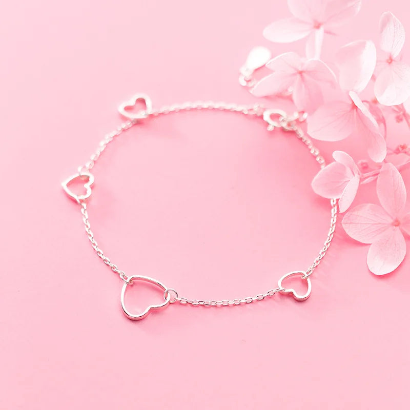Love Hearts Bracelet 925 Sterling Silver Link Chain Sweet Romantic Jewelry