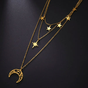 Hollow Moon Star Pendant Necklace Women's Choker Stainless Steel