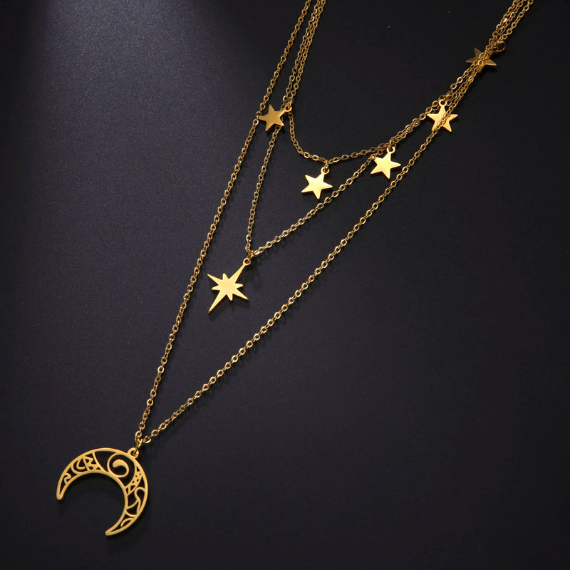 Hollow Moon Star Pendant Necklace Women's Choker Stainless Steel
