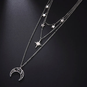 Hollow Moon Star Pendant Necklace Women's Choker Stainless Steel