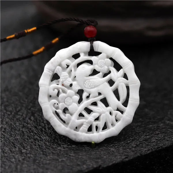 Double-sided Carved Birds Flowers Jade Pendant Green Necklace Charm