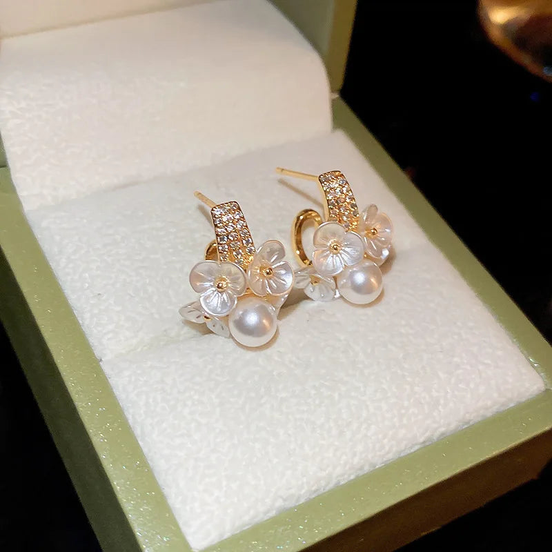 Pearl Flower Hoop Earrings Daily Versatile Jewelry