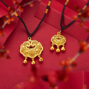 Hollow Pure 14k Plated Lock Pendant Necklace Chinese Wealth Jewelry Gift