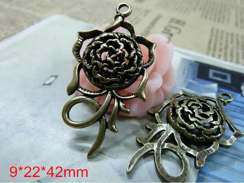 Antique Bronze 3D Rose Charms Pendant Lot of 6