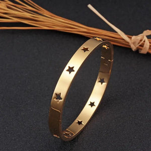 Crystal Engraved Star Bangle Bracelet Stainless Steel
