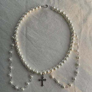 Holy Bead Collar Cross Pearl Charm Necklace