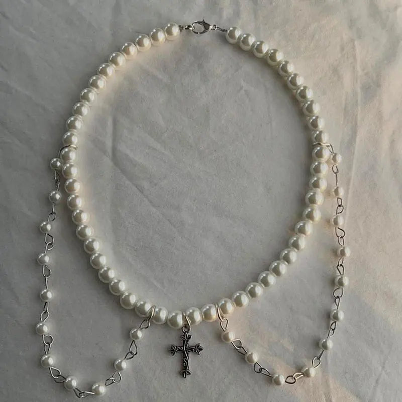 Holy Bead Collar Cross Pearl Charm Necklace