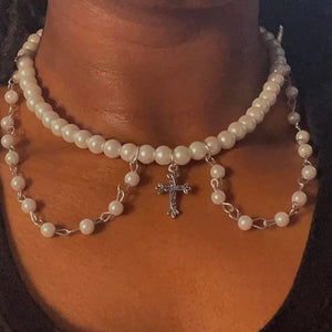 Holy Bead Collar Cross Pearl Charm Necklace