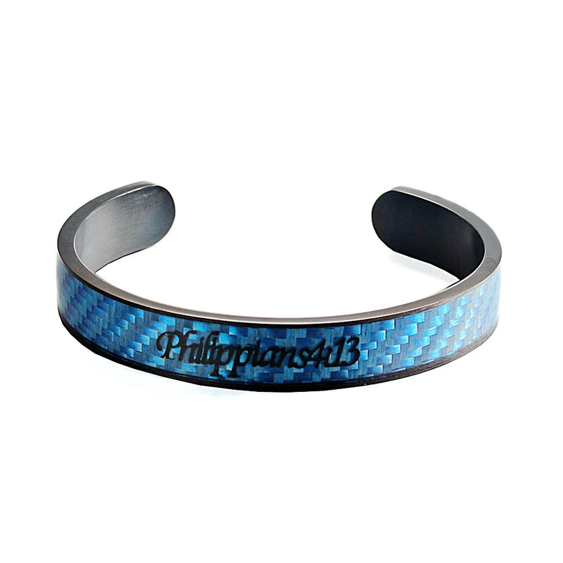 Philippians 4:13 Carbon Fiber Stainless Steel Cuff Bangle Bracelet