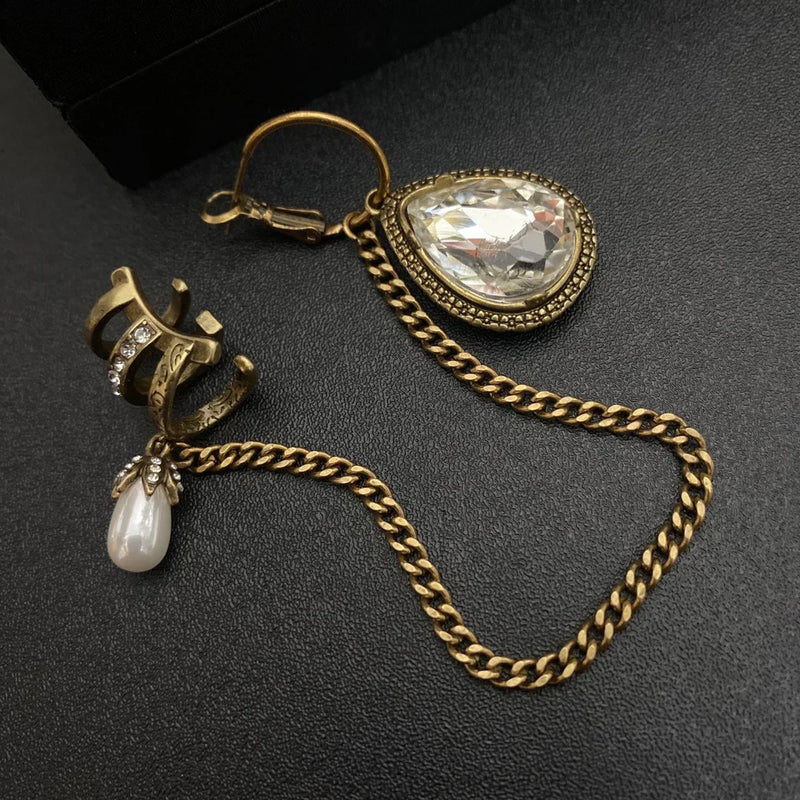 Vintage Water Drop Earrings Chain Pearl Ear Cuffs