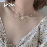 Homemade Double Pearl Butterfly Neck Chain Choker