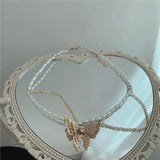 Homemade Double Pearl Butterfly Neck Chain Choker