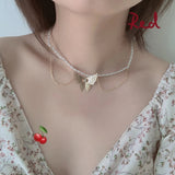 Homemade Double Pearl Butterfly Neck Chain Choker