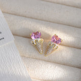 Pink Heart Zircon Ice Cream Stud Earrings 14k Plated