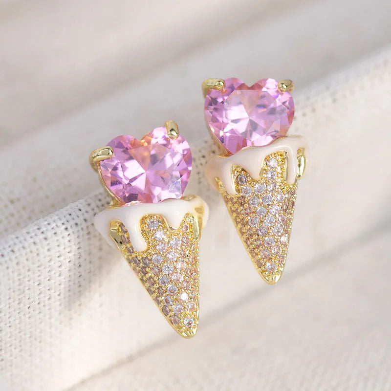 Pink Heart Zircon Ice Cream Stud Earrings 14k Plated