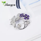925 Silver Brooch Pin Purple Flower Zircon Decorative Pins Natural Pearl