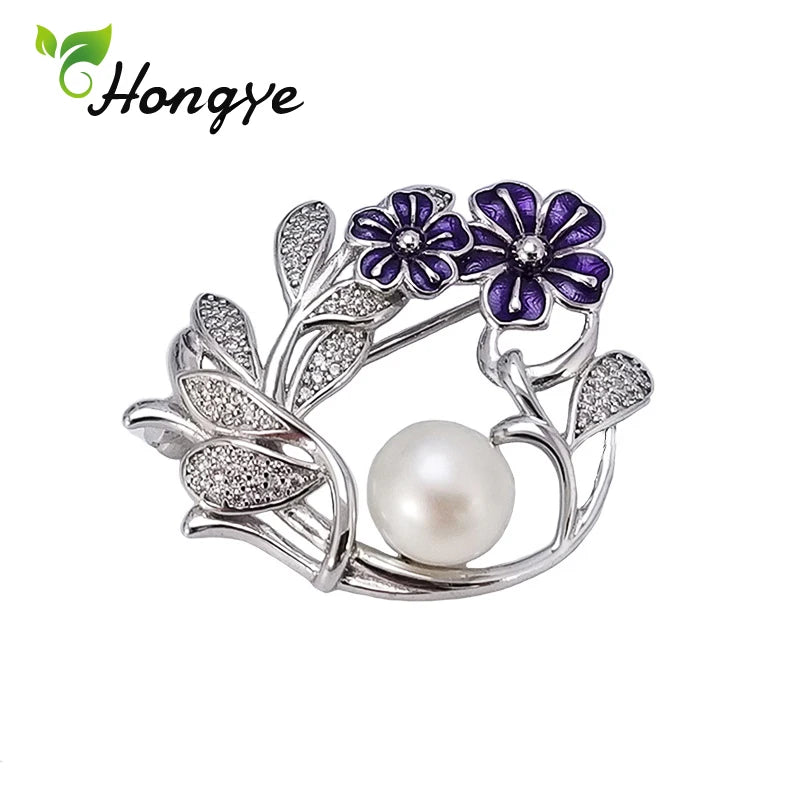 925 Silver Brooch Pin Purple Flower Zircon Decorative Pins Natural Pearl