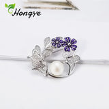 925 Silver Brooch Pin Purple Flower Zircon Decorative Pins Natural Pearl