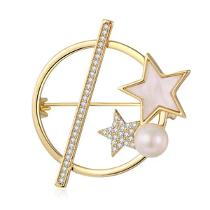 Zircon Star Brooch Pin Natural Pearl Decorative Hollow Round Geometric Pin