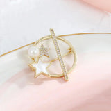 Zircon Star Brooch Pin Natural Pearl Decorative Hollow Round Geometric Pin