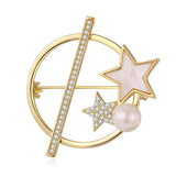 Zircon Star Brooch Pin Natural Pearl Decorative Hollow Round Geometric Pin