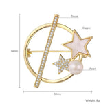 Zircon Star Brooch Pin Natural Pearl Decorative Hollow Round Geometric Pin