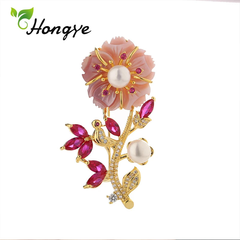 Hongye Freshwater Pearl Brooch Pink Flower Real Pin Christmas Gift Ladies
