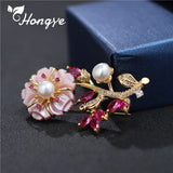 Hongye Freshwater Pearl Brooch Pink Flower Real Pin Christmas Gift Ladies
