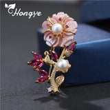 Hongye Freshwater Pearl Brooch Pink Flower Real Pin Christmas Gift Ladies