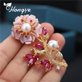 Hongye Freshwater Pearl Brooch Pink Flower Real Pin Christmas Gift Ladies