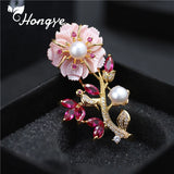 Hongye Freshwater Pearl Brooch Pink Flower Real Pin Christmas Gift Ladies
