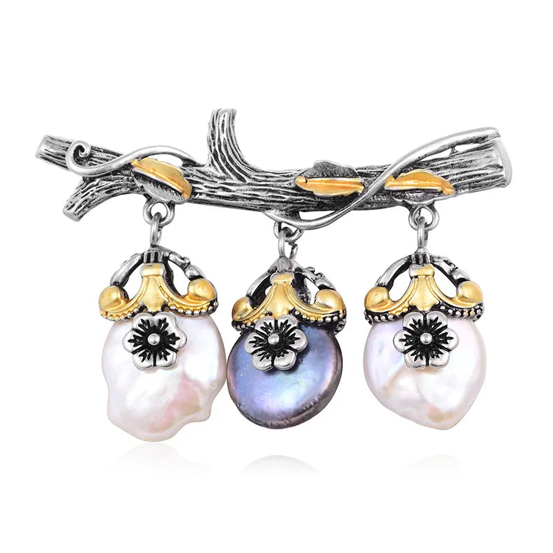 Hongye Freshwater Pearl Brooch Silver Vintage Gift For Women