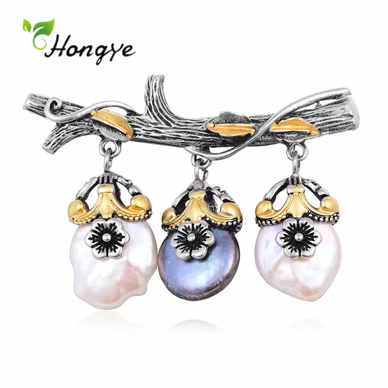 Hongye Freshwater Pearl Brooch Silver Vintage Gift For Women