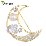 High Moon Shape Pearl Brooches Zircon Pins Woman Girl Gift
