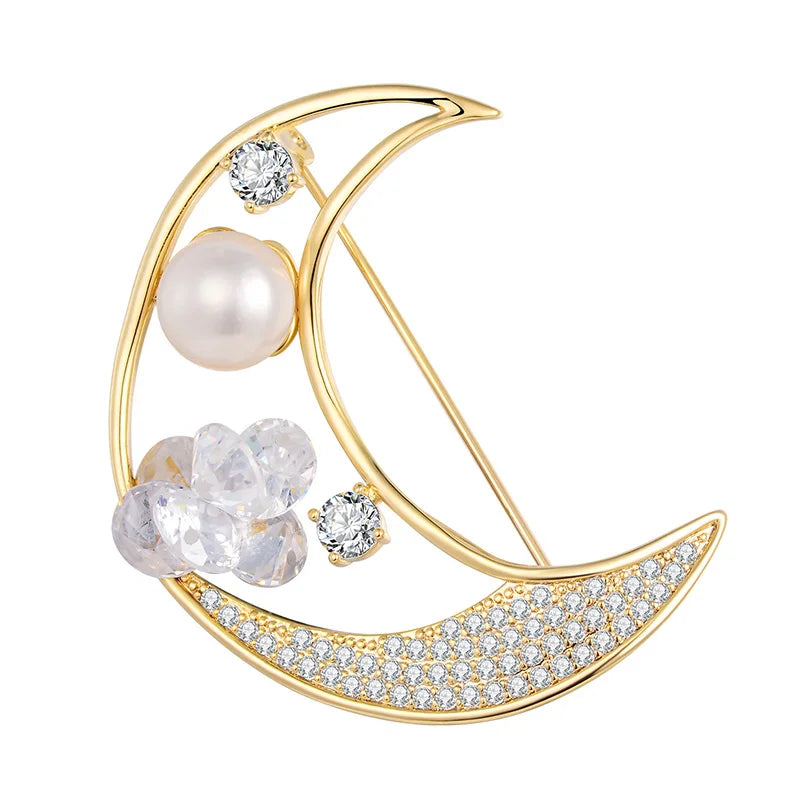 High Moon Shape Pearl Brooches Zircon Pins Woman Girl Gift
