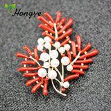 Red Coral Pearl Flower Pins Brooches for Women