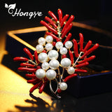 Red Coral Pearl Flower Pins Brooches for Women