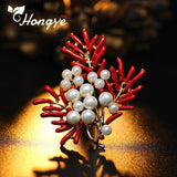 Red Coral Pearl Flower Pins Brooches for Women