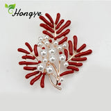 Red Coral Pearl Flower Pins Brooches for Women