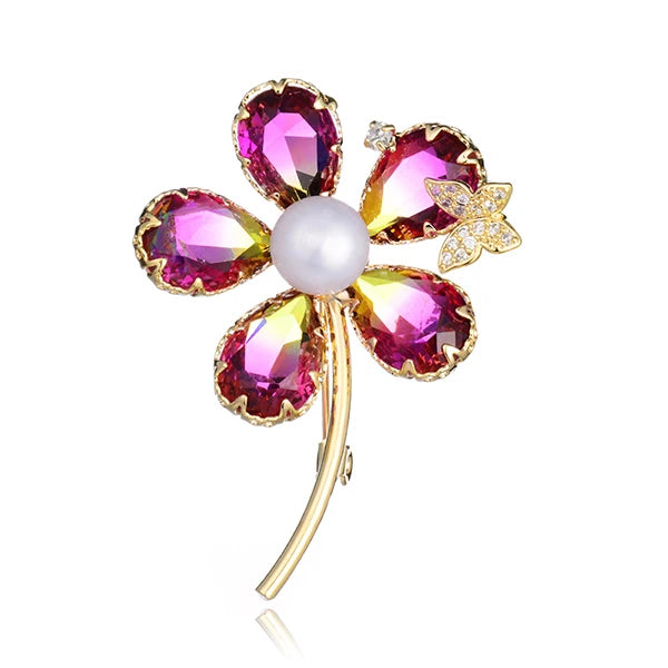Vintage Flower Pearl Brooch 925 Silver CZ Jewelry